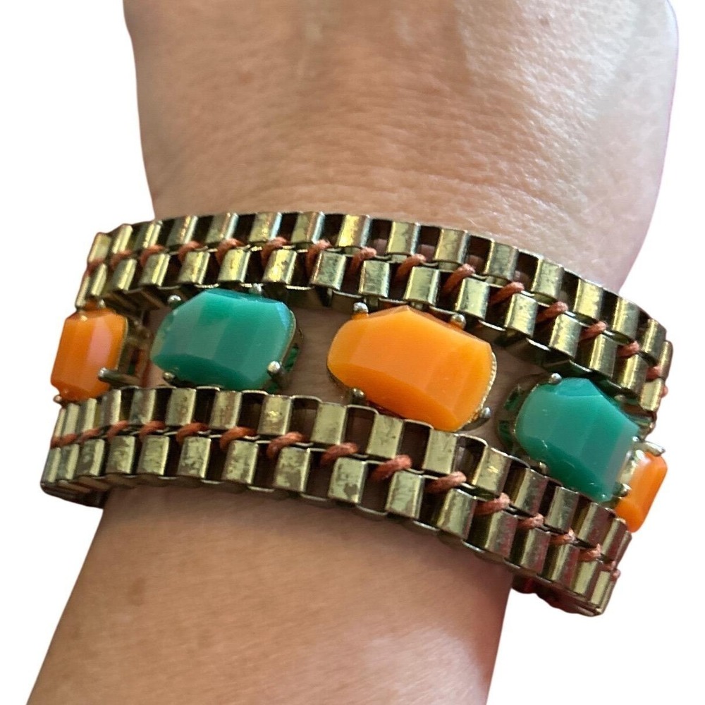 Boho Brass Link Bracelet Green Orange Stones Magnetic Clasp‎